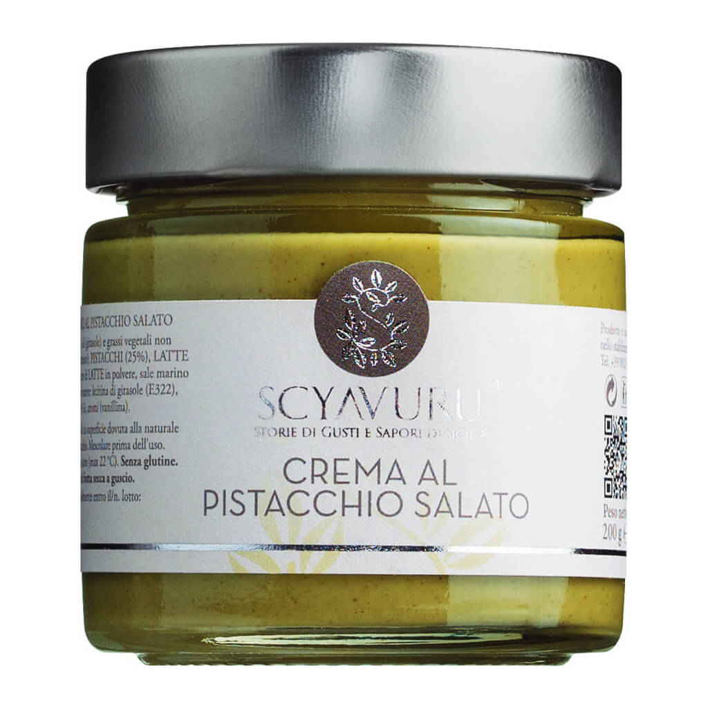 Ein 200-g-Glas der Accademia Agricole Scyavuru s.r.l. Pistaziencreme mit Salz von Scyavuru, mit silbernem Deckel und weißem Etikett.