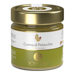 Ein 200g-Glas Pistaziencreme von Scyavuru von Accademia Agricole Scyavuru s.r.l. mit goldenem Deckel und grünem Etikett.