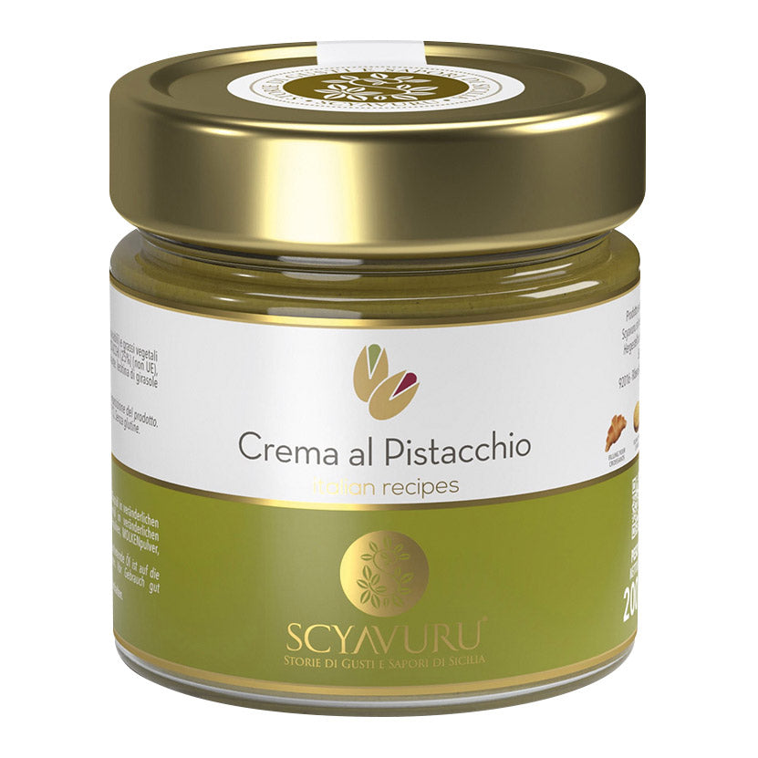 Ein 200g-Glas Pistaziencreme von Scyavuru von Accademia Agricole Scyavuru s.r.l. mit goldenem Deckel und grünem Etikett.