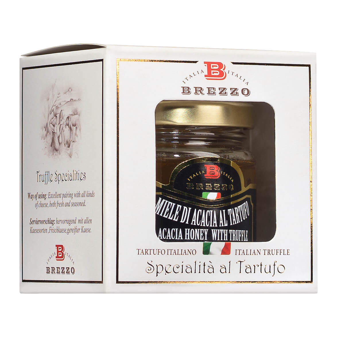 Eine 100 g Dose Akazienhonig mit Trüffelaroma von Brezzo von Apicoltura Brezzo, verpackt in einer weißen Schachtel.