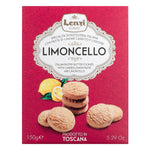 Rote Schachtel Lenzi Limoncello - Pasticcini al Limoncello Kekse, 150 g, mit gestapelten Keksen und Zitronenscheiben auf der Vorderseite.