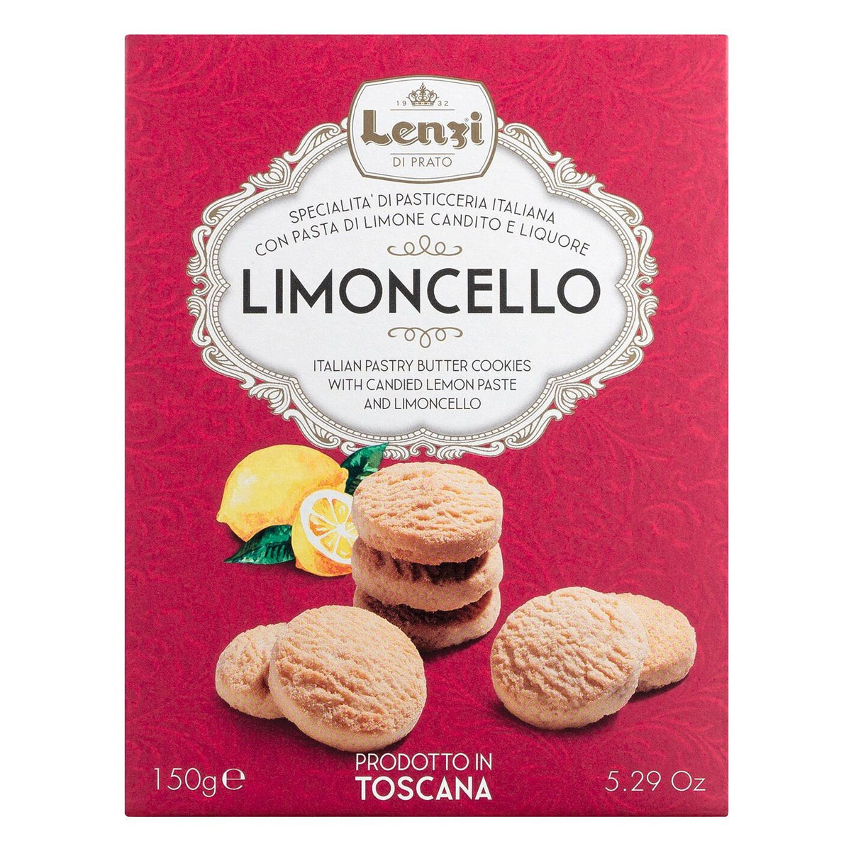Rote Schachtel Lenzi Limoncello - Pasticcini al Limoncello Kekse, 150 g, mit gestapelten Keksen und Zitronenscheiben auf der Vorderseite.