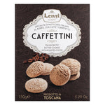 Eine 150-g-Schachtel Lenzi Caffettini - italienisches Kaffeegebäck (Pasticcini al Caffè) - mit gestapelten Keksen und Kaffeebohnen auf der Verpackung.