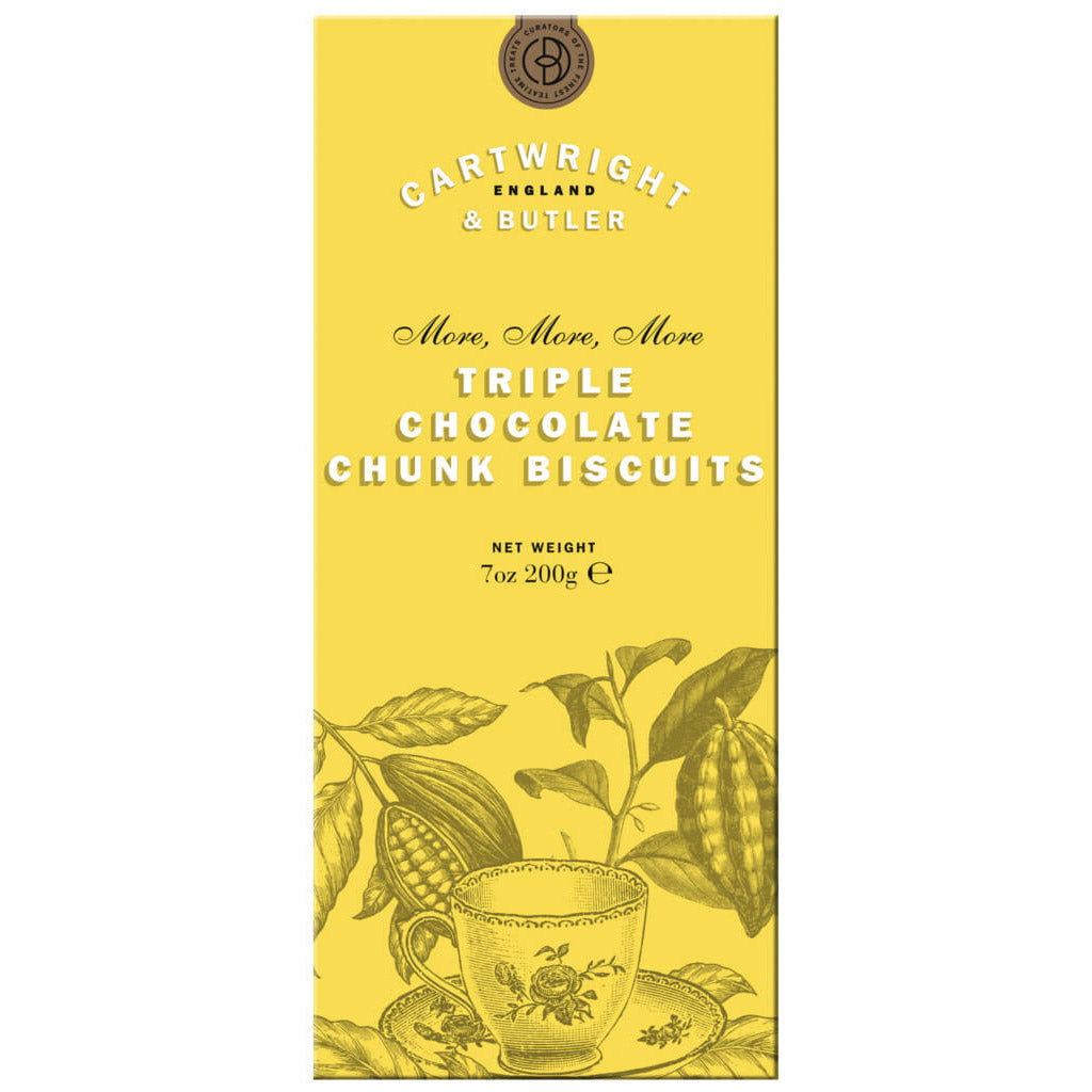 Gelbe Cartwright & Butler Box mit der Aufschrift "Gebäck mit dreierlei Schokolade", 200 g, dekoriert mit Illustrationen von Kakaoschote und Teetasse.
