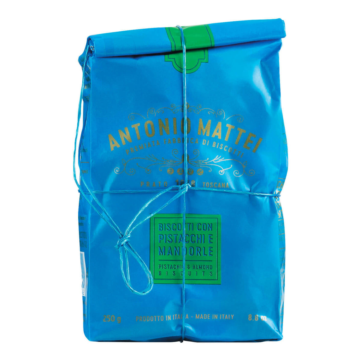 Eine blaue 250g Packung Toskanische Kekse mit Pistazien & Mandel von Antonio Mattei Biscottificio srl, verpackt mit blauer Schnur.