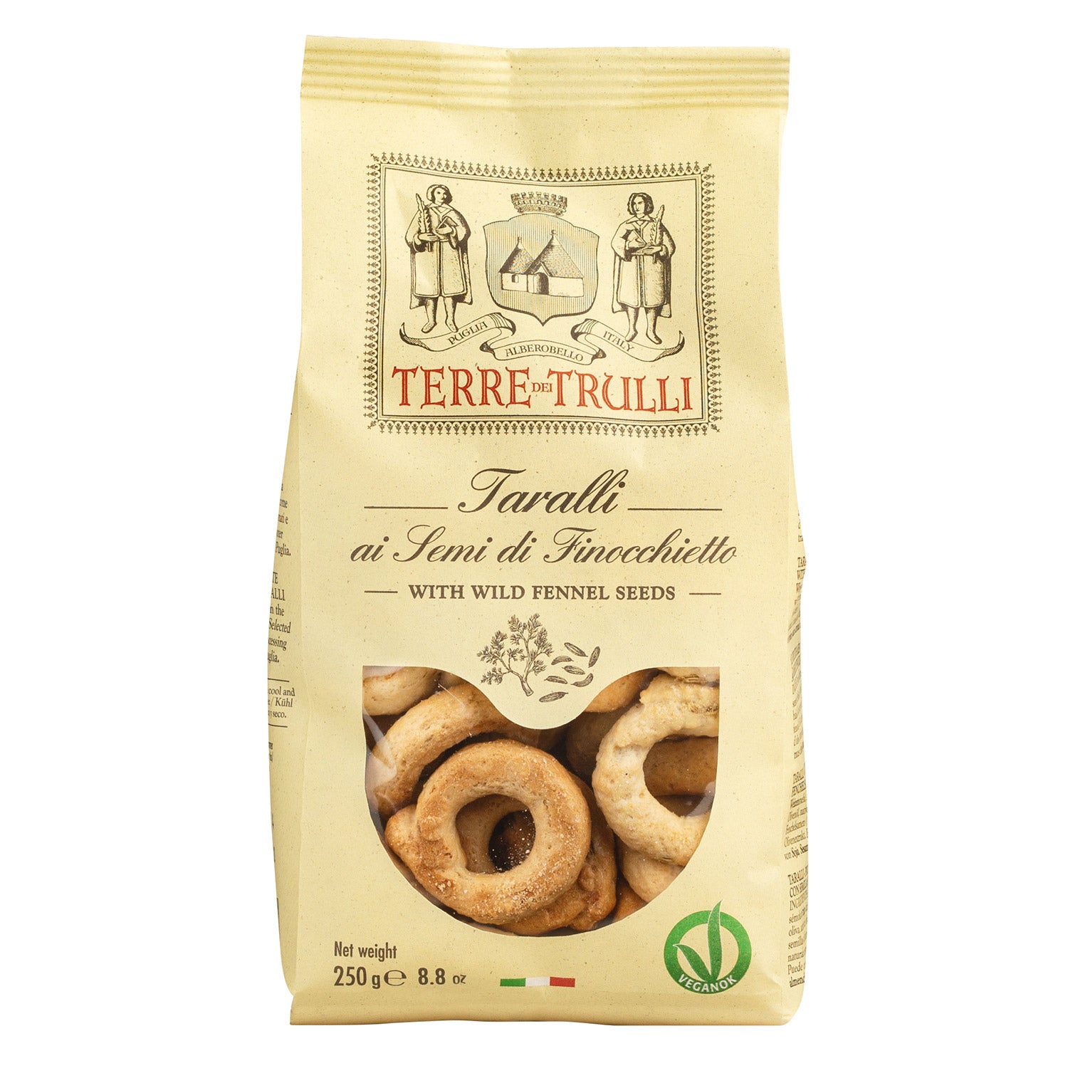 Eine 250-g-Tüte Terre dei Trulli Taralli Salzgebäck mit Fenchelsamen offenbart im Inneren runde Cracker.