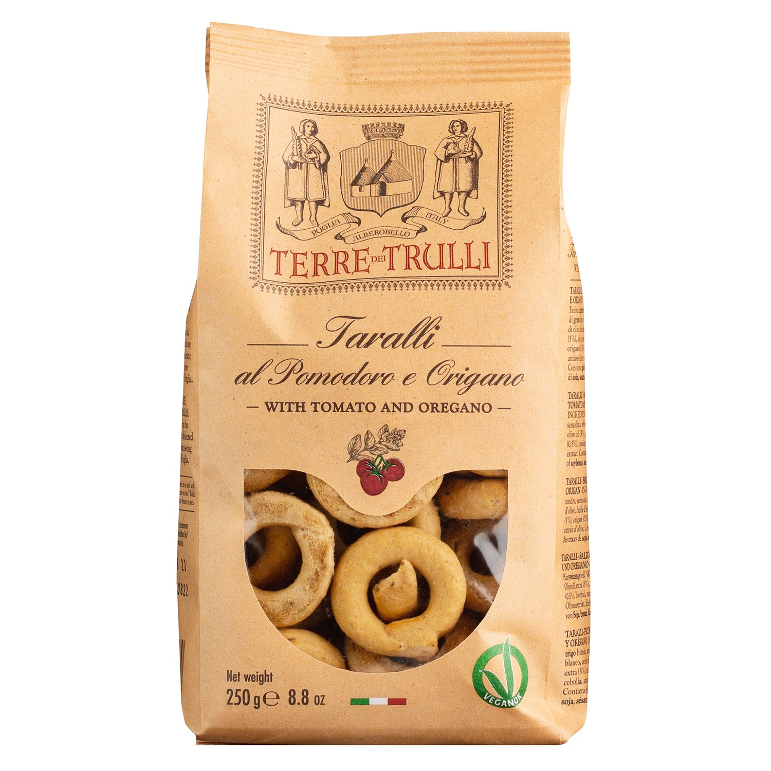 Eine braune 250g-Tüte Terre dei Trulli Taralli Salzgebäck mit Tomate & Oregano, die die runden Kekse im Inneren zeigt.