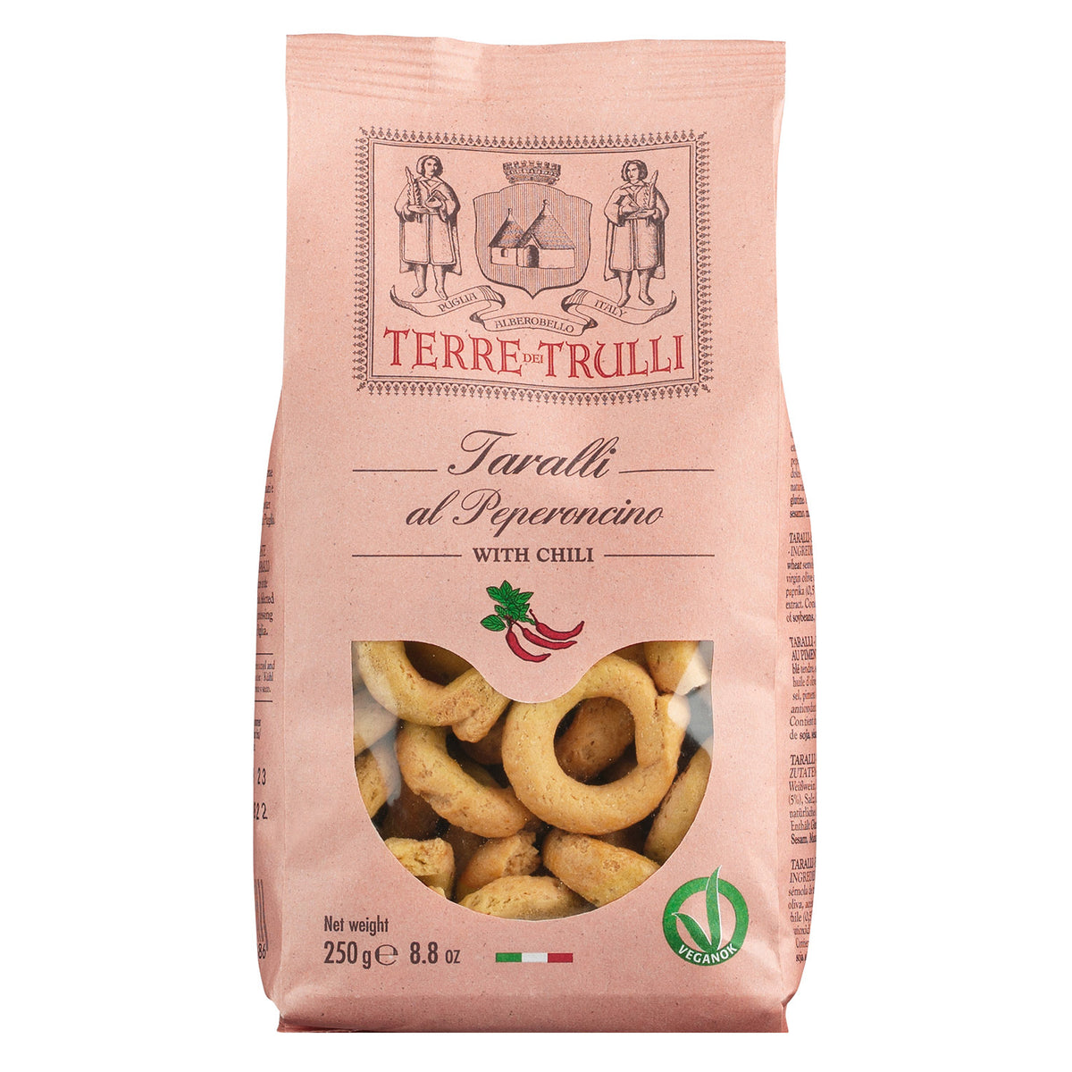 Der 250g-Beutel Terre dei Trulli Taralli Salzgebäck mit Chili ist ein italienischer Snack mit Chiligeschmack und einem Sichtfenster.