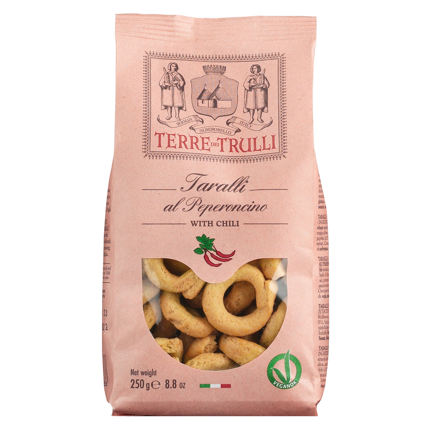 Der 250g-Beutel Terre dei Trulli Taralli Salzgebäck mit Chili ist ein italienischer Snack mit Chiligeschmack und einem Sichtfenster.