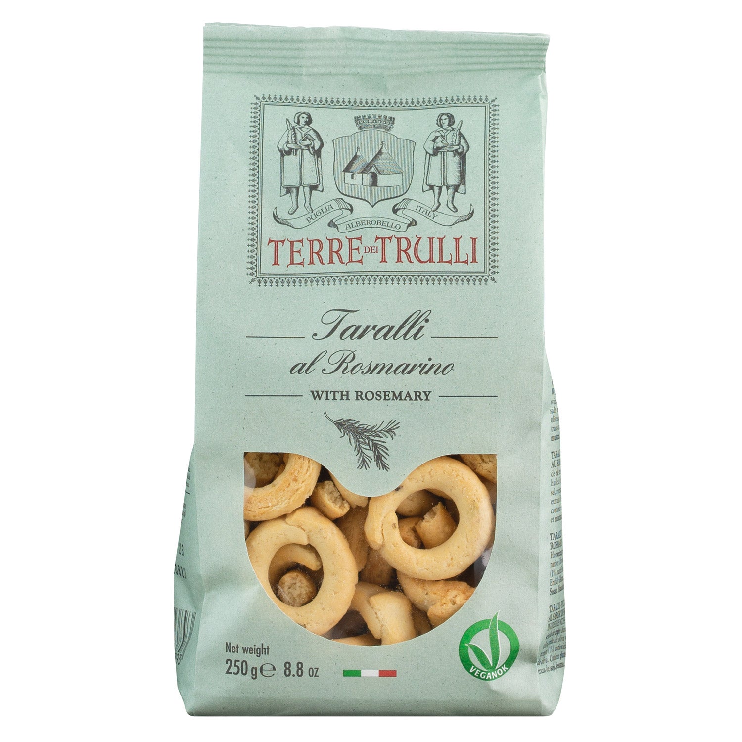 Eine 250-g-Tüte Terre dei Trulli Taralli Salzgebäck mit Rosmarin, italienische Rosmarinkekse.
