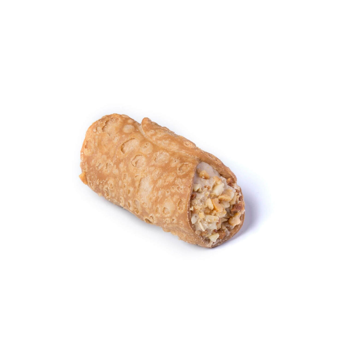 Ein 26g Cannoli di Sicilia von Corallo, sizilianisches Gebäck, gefüllt mit Haselnusscreme, abgebildet auf weißem Hintergrund.
