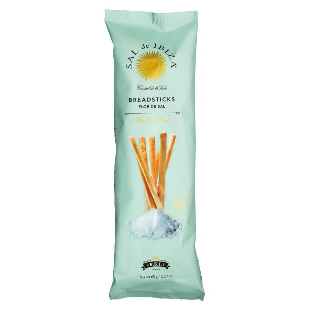 Hellblauer Beutel der Sal de Ibiza GmbH Grissini handgerollt mit Flor de sal, 65 g, mit Abbildungen von Brotstangen und Salz auf der Vorderseite.