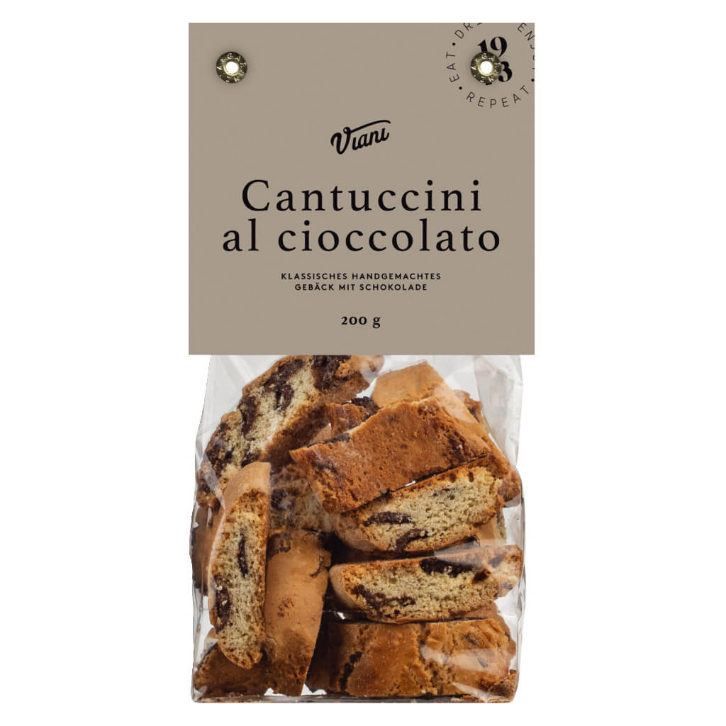 Eine durchsichtige Tüte mit Viani & Co. Cantuccini al cioccolato - Toskanische Cantuccini mit Schokolade, 200g, mit einem Etikett auf der Oberseite.
