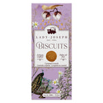 Lady Joseph Karamellkeks (Kekse mit Karamell), 100 g Schachtel, mit Blumen- und Pfauenmotiv auf violettem Hintergrund.