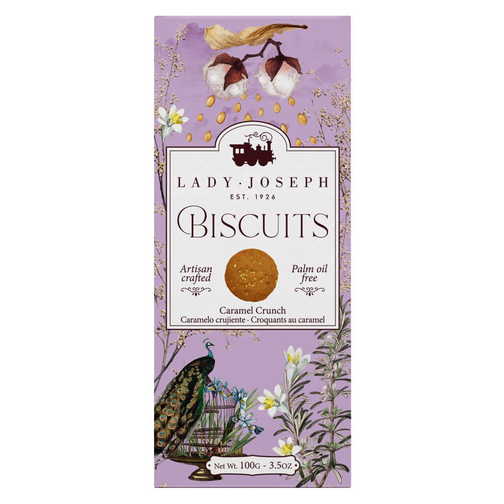 Lady Joseph Karamellkeks (Kekse mit Karamell), 100 g Schachtel, mit Blumen- und Pfauenmotiv auf violettem Hintergrund.