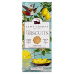 Lady Joseph Lemon Curd Biscuits - Kekse mit Lemon Curd, 100 g Schachtel mit Zitronen- und Vogelmotiven auf weißem und grünem Hintergrund.