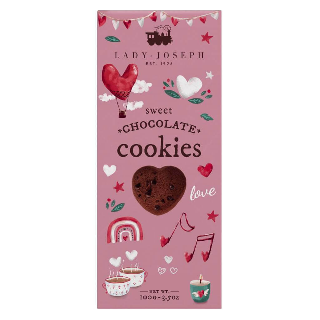 Lady Joseph Sweet Love Cookies - Schokoladenkekse in Herzform, 100 g: Schachtel mit Herzmotiven, Keksen in der Mitte und dekorativen Illustrationen.