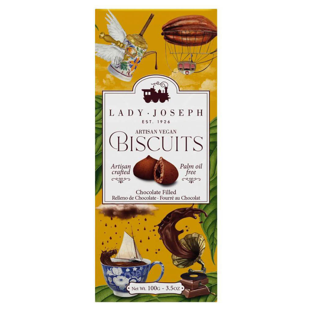 Auf der Schachtel der Lady Joseph Chocolate filled Cookies (Keks mit Schokoladenfüllung, 100 g) sind skurrile Illustrationen wie ein Luftschiff, ein Teetassenschiff und Schokoladenstücke abgebildet.