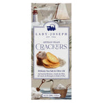Die 100 g "Britanny Sea Salt & Olive Oil - Cracker mit Meersalz & Olivenöl" von Lady Joseph sind vegane Cracker in einer Schachtel mit Meeresmotiven.