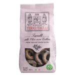 Ein 250-g-Beutel Terre dei Trulli Taralli alle Olive nere Celline - schmackhafte Snacks mit schwarzen Celline-Oliven - enthält Produktangaben und ein Sichtfenster.