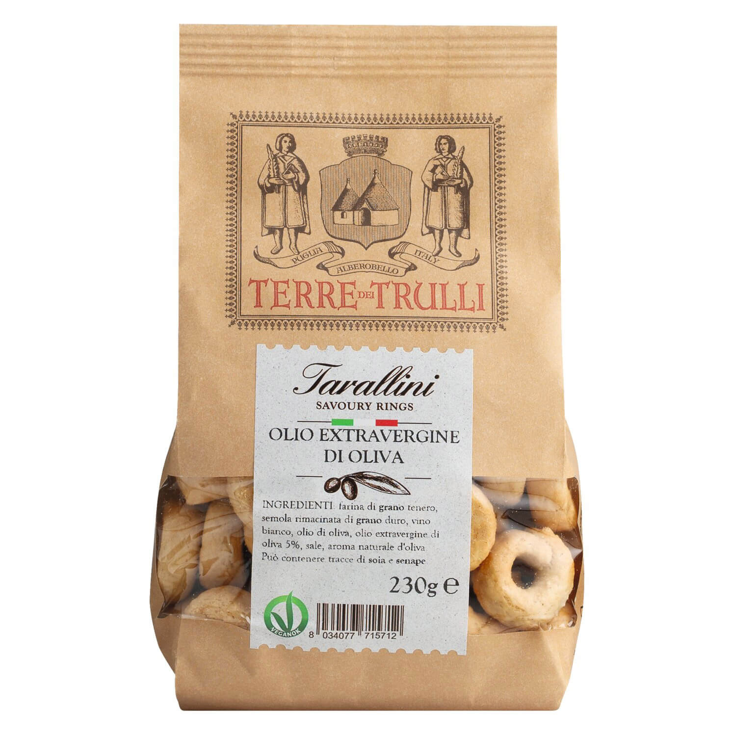 Ein 230-g-Beutel Terre dei Trulli Tarallini Olio Extravergine di Oliva, schmackhafte italienische Olivenölringe.