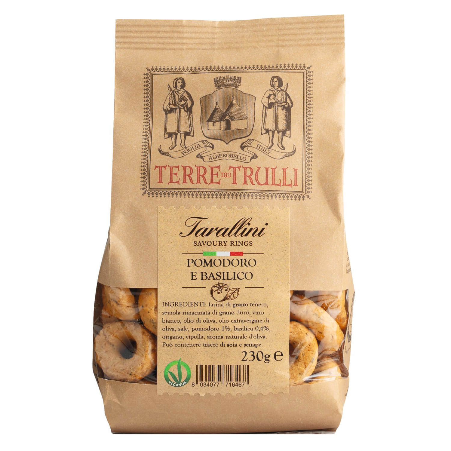 Eine 230-g-Tüte Terre dei Trulli Tarallini Pomodoro e Basilico, pikante Ringe aus Tomaten und Basilikum, mit einem Sichtfenster, das die Snacks zeigt.