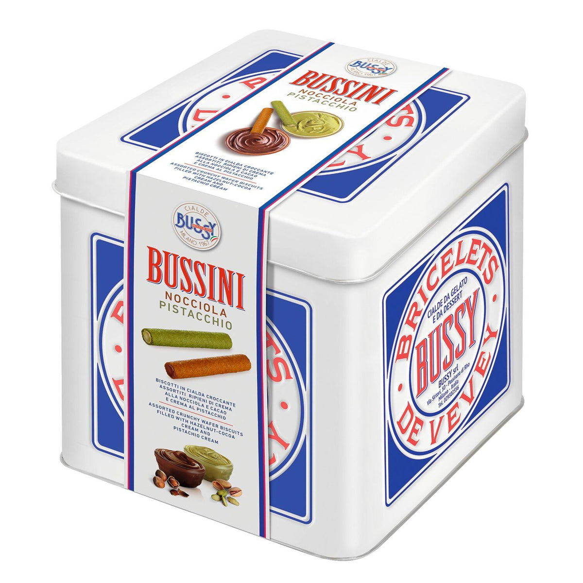Bussini Mix Nocciola Pistacchio - Waffelröllchen mit Pistazien- & Haselnusscreme in der Dose von Bussy, 400 g