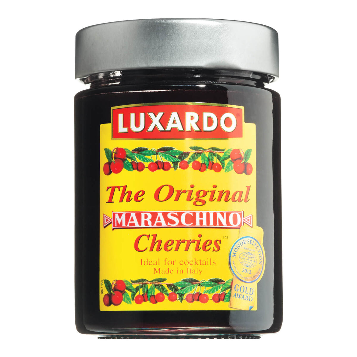 Ein 400-g-Glas Luxardo Kandierte Marascakirschen in Sirup mit gelbem Etikett und roten Kirschen.