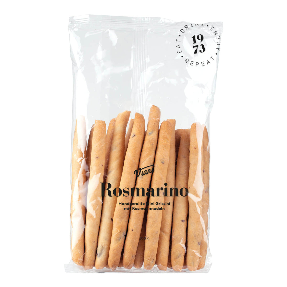 Ein durchsichtiger Beutel mit Viani & Co. Grissini mini al rosmarino - handgerollte Mini-Brotstangen mit Rosmarinstückchen, 100 g.