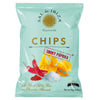 Sal de Ibiza GmbH Kartoffelchips mit geräuchertem Paprika (Smoky Paprika Chips), 45 g, zeigt Paprika, Salz und Chips auf hellblauem Hintergrund.