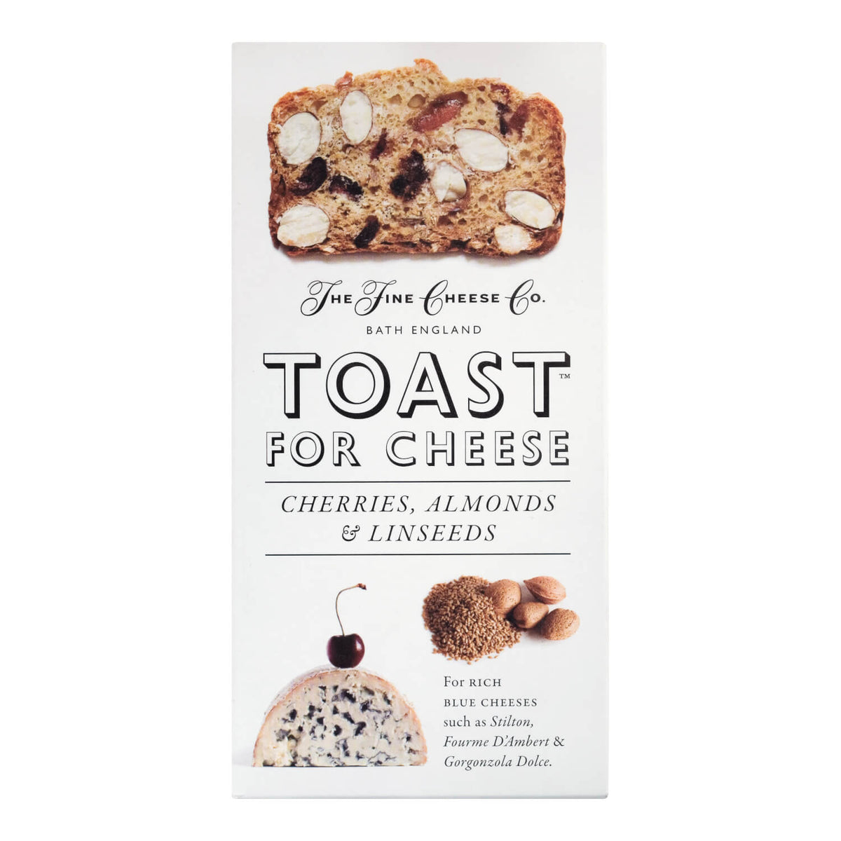 The Fine Cheese Co. Toast for Cheese by Artisan Biscuits, 100g, kombiniert Kirschen, Mandeln & Leinsamen (mit Kirschen, Mandeln & Leinsamen) auf der Verpackung.