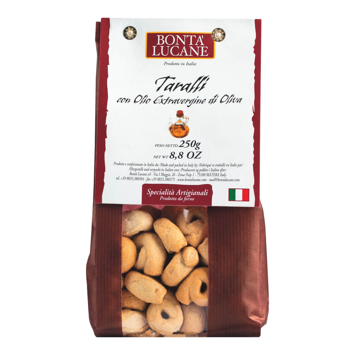 Ein 250-g-Beutel Bontà Lucane s.r.l. Taralli mit Olivenöl.