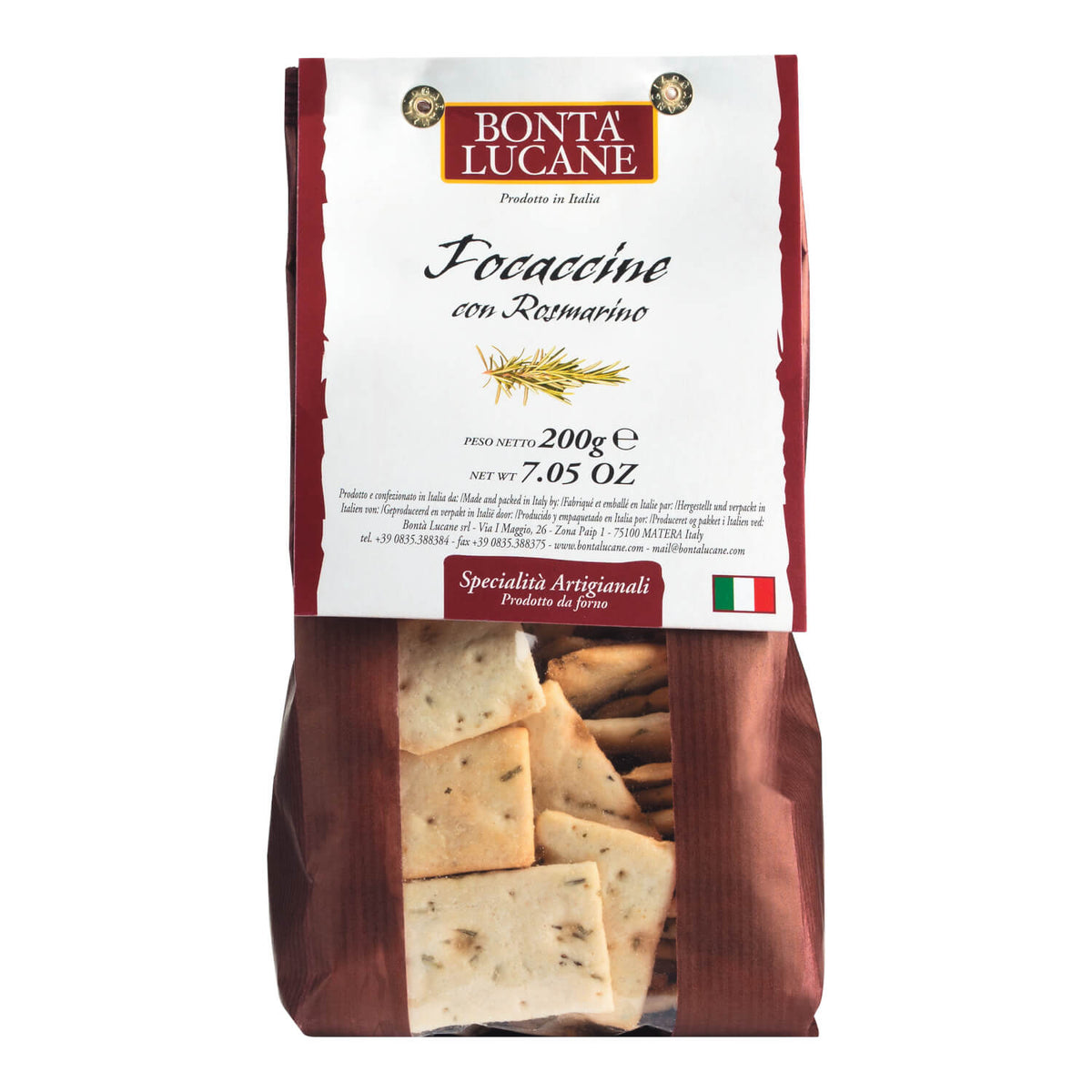 Eine 200g Tüte Bontà Lucane s.r.l. Focaccine al Rosmarino mit Rosmarin von Lucane Crackers.