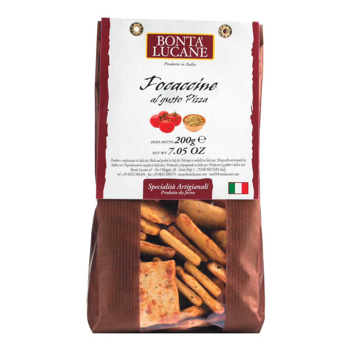Tüte Bontà Lucane s.r.l. Focaccine alla Pizza von Lucane, 200 g-Italienische Cracker mit Tomaten und Pizzabelag auf dem Etikett.