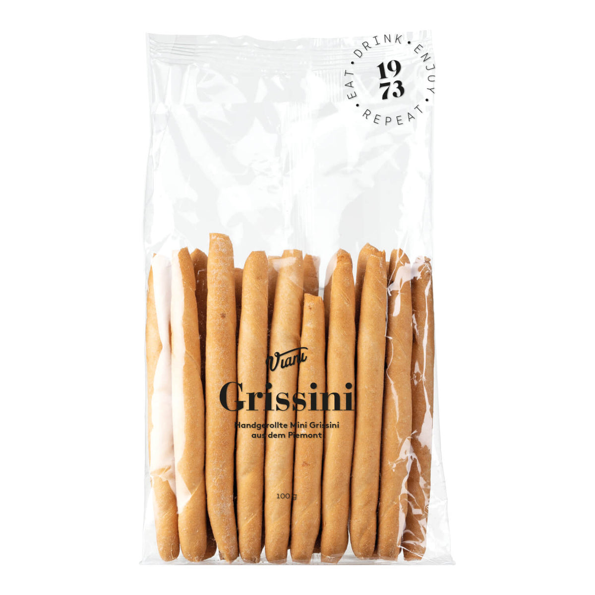 Eine durchsichtige Tüte mit Viani & Co. Grissini mini Rubatà, handgerollte Mini Grissini, 100 g, aus dem Piemont.