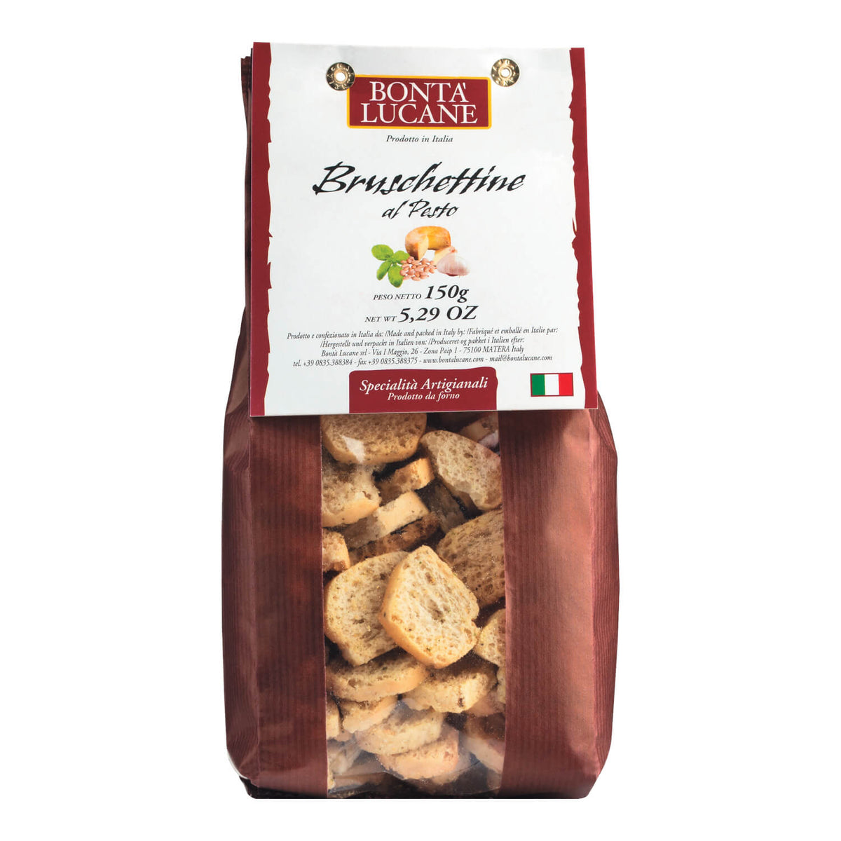 Eine 150g-Tüte Bontà Lucane s.r.l. Crostini mit Basilikumpesto, mit einem durchsichtigen Fenster, in dem die italienischen Brotsnacks zu sehen sind.