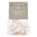 Eine durchsichtige Tüte mit Viani & Co. Amaretti al limone, Mandelmakronen mit Zitrone, 160 g, mit einem beigen Etikett.