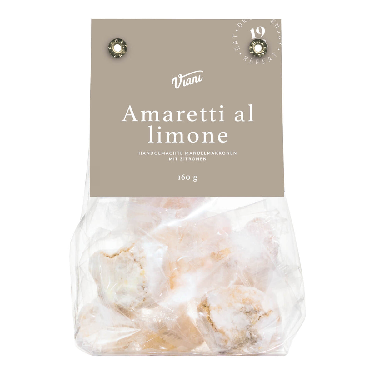 Eine durchsichtige Tüte mit Viani & Co. Amaretti al limone, Mandelmakronen mit Zitrone, 160 g, mit einem beigen Etikett.