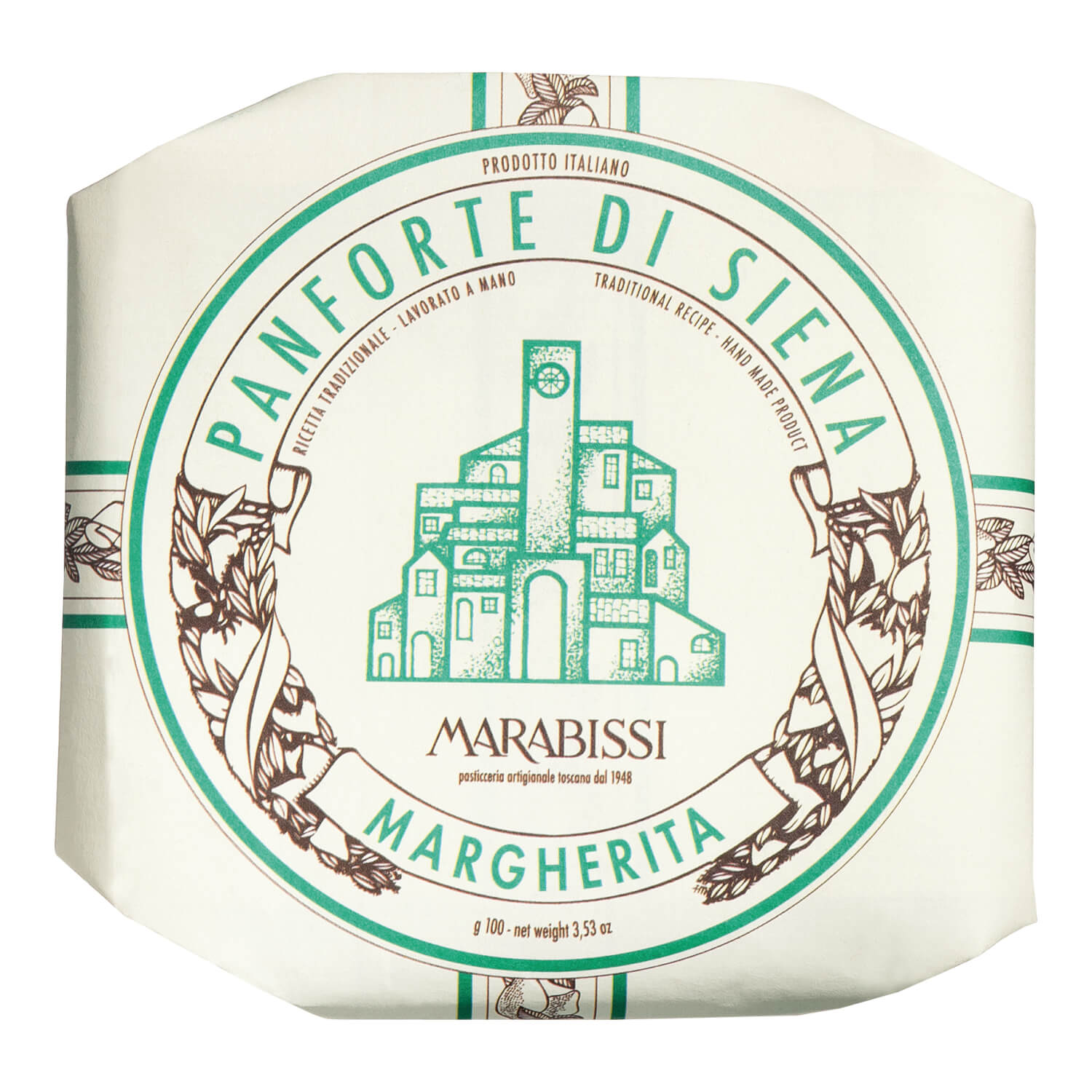 Runde Verpackung von Marabissi S.R.L. Panforte Classico Margherita, toskanischer Gewürzkuchen, 100 g, mit grünem und braunem Dekor.