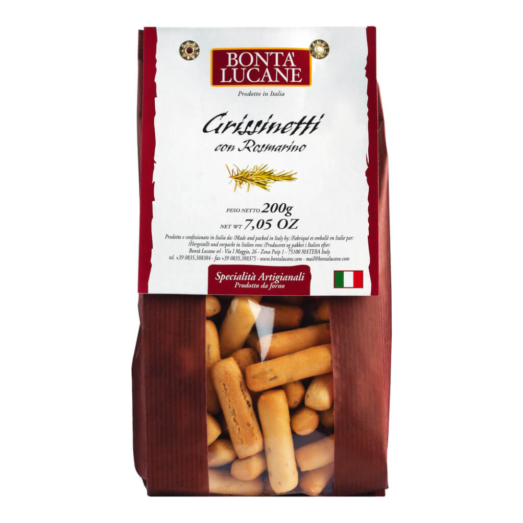 Ein 250g-Beutel Bontà Lucane s.r.l. Grissinetti mit Rosmarin, mit italienischen und Rosmarin-Etiketten.