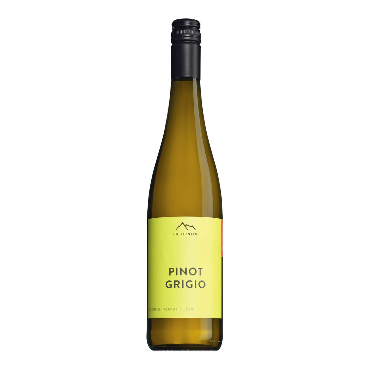 Eine 0,75 l Flasche Südtiroler Pinot Grigio Classic DOC von Erste + Neue, mit hellgelbem Etikett und schwarzem Schraubverschluss.
