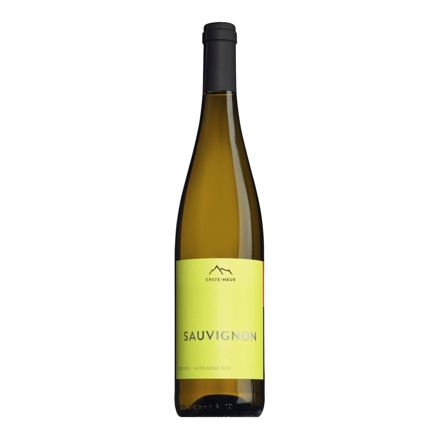 Eine 0,75 l Flasche Südtiroler Sauvignon Blanc Classic DOC Weißwein von Erste + Neue, mit gelb-grünem Etikett und schwarzem Verschluss.