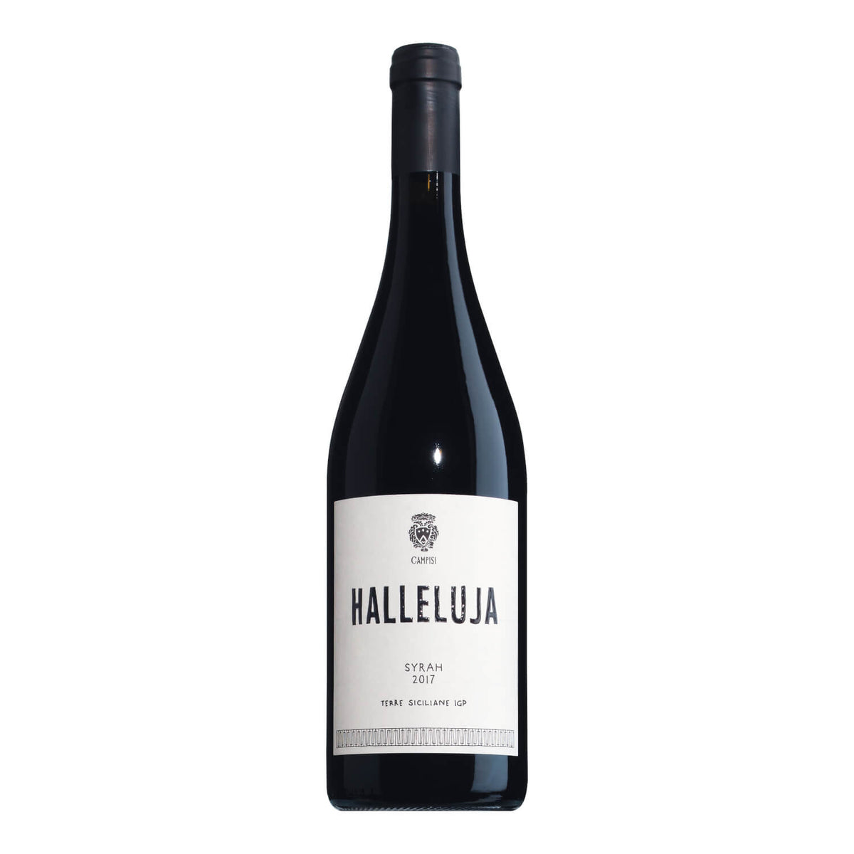 Eine 0,75l Flasche Halleluja Syrah IGP italienischer Bio-Rotwein von Vini Campisi mit weißem Etikett und schwarzem Text.
