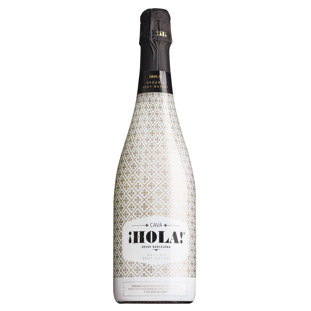 Eine 0,75-l-Flasche Cava iHola! Brut Nature von Barcelona Brands mit einem goldenen und weißen, geometrisch gemusterten Etikett und einem schwarzen Folienverschluss.