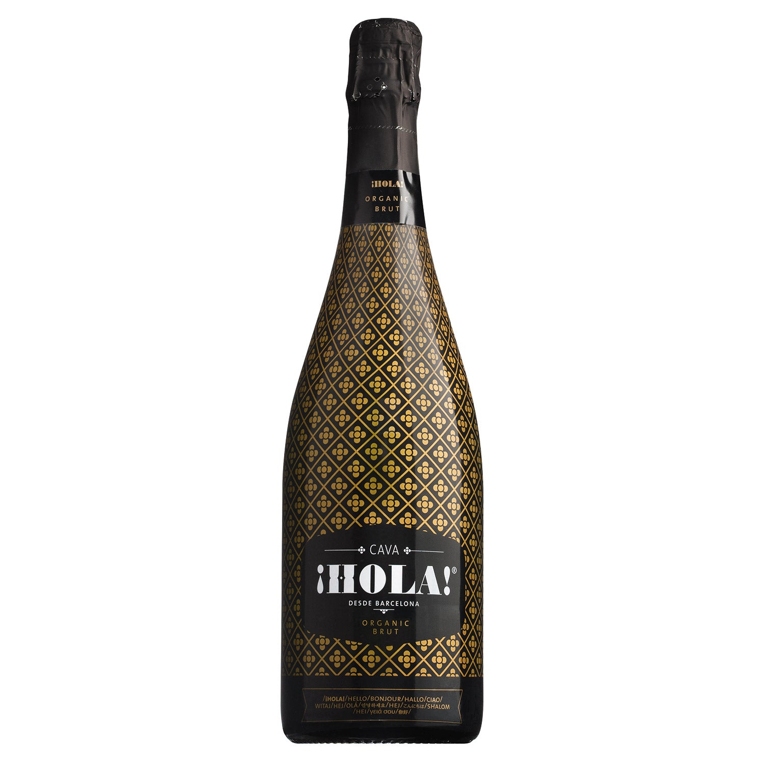 Eine 0,75-Liter-Flasche Cava iHola! Brut von Barcelona Brands mit einem geometrischen Etikett in Schwarz und Gold und einem mit schwarzer Folie umwickelten Hals.