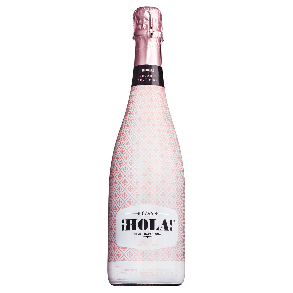 Eine 0,75L rosa Flasche Barcelona Brands Cava iHola! Rose Brut mit einem Rautenmuster und einem mit Folie umwickelten Deckel.