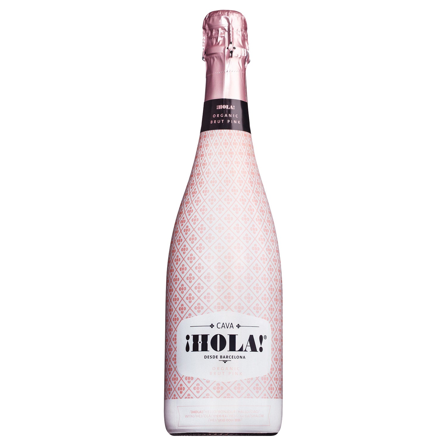 Eine 0,75L rosa Flasche Barcelona Brands Cava iHola! Rose Brut mit einem Rautenmuster und einem mit Folie umwickelten Deckel.