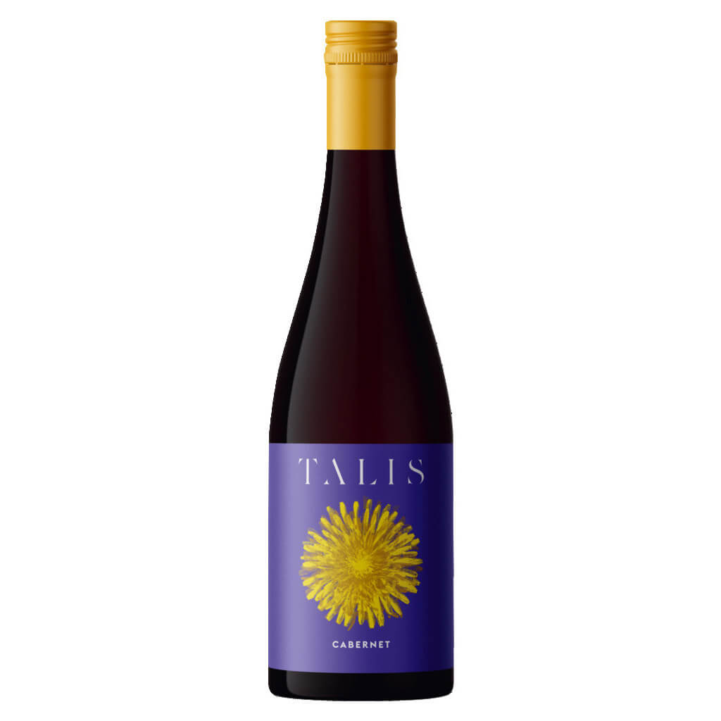Die 0,75-Liter-Flasche des Cabernet DOC Friuli Rotwein von Talis Wine hat ein violettes Etikett mit einem gelben Blumenmuster und einen goldenen Verschluss.