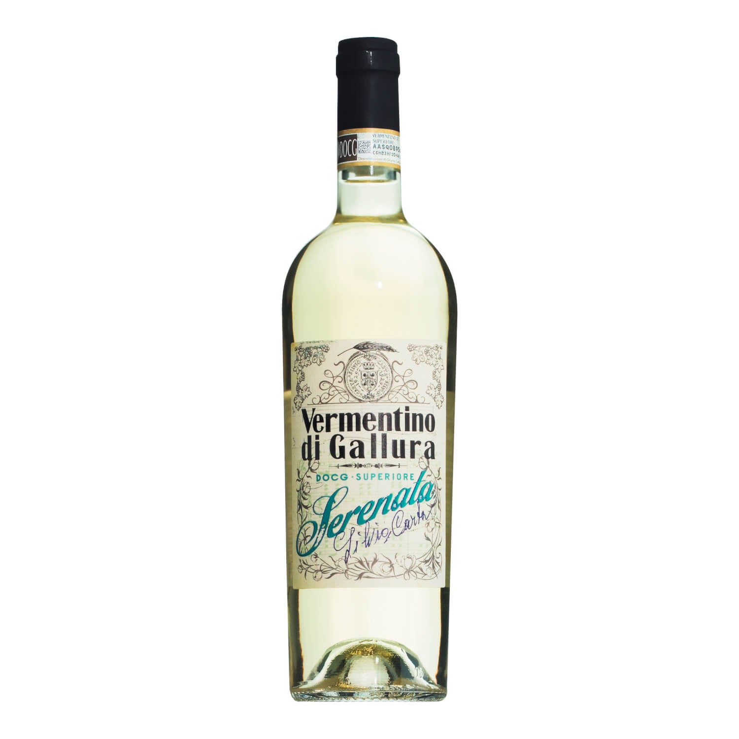 Eine 0,75-l-Flasche Silvio Carta Vermentino di Gallura DOCG Superiore Weißwein mit Schmucketikett und schwarzem Verschluss.