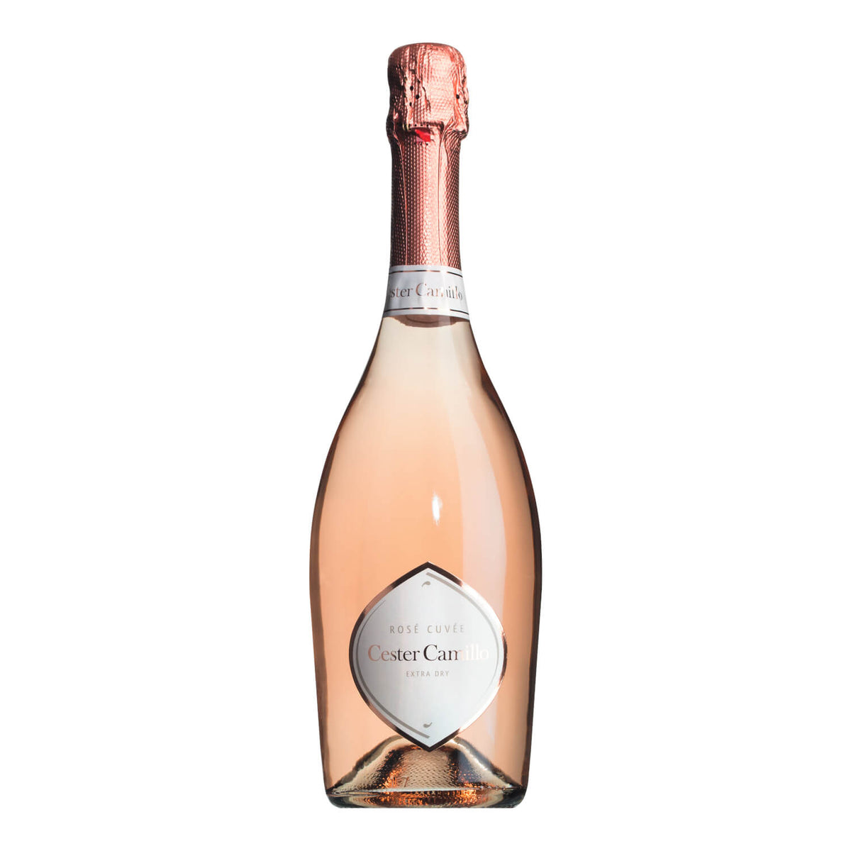 Eine 0,75-l-Flasche Cester Camillo Rosato Extra Dry Schaumwein, ein prickelnder Roséwein von Cester Camillo mit rosa Folienverpackung.